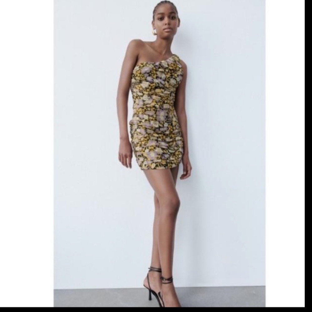 ZARA Printed with Draping One Shoulder Casual Dress